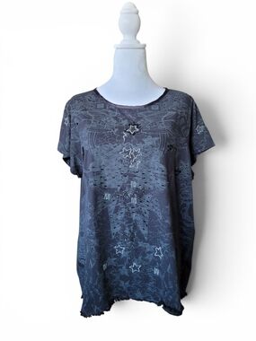 Mblm Beaded Fairy Grunge Starburst Graphic T-shirt Fringe Hem Black Grey 1X